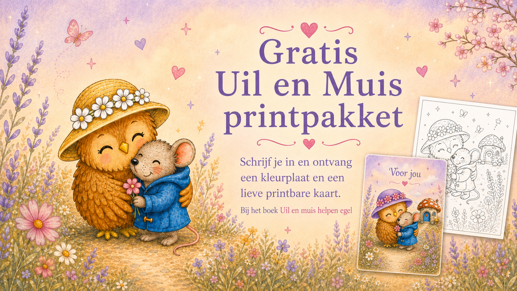 Gratis Uil en Muis printpakket met kleurplaat en printbaar kaartje