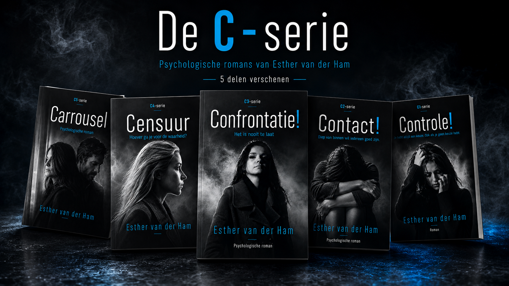 Overzicht van de vijf verschenen boeken in de C-serie van Esther van der Ham
