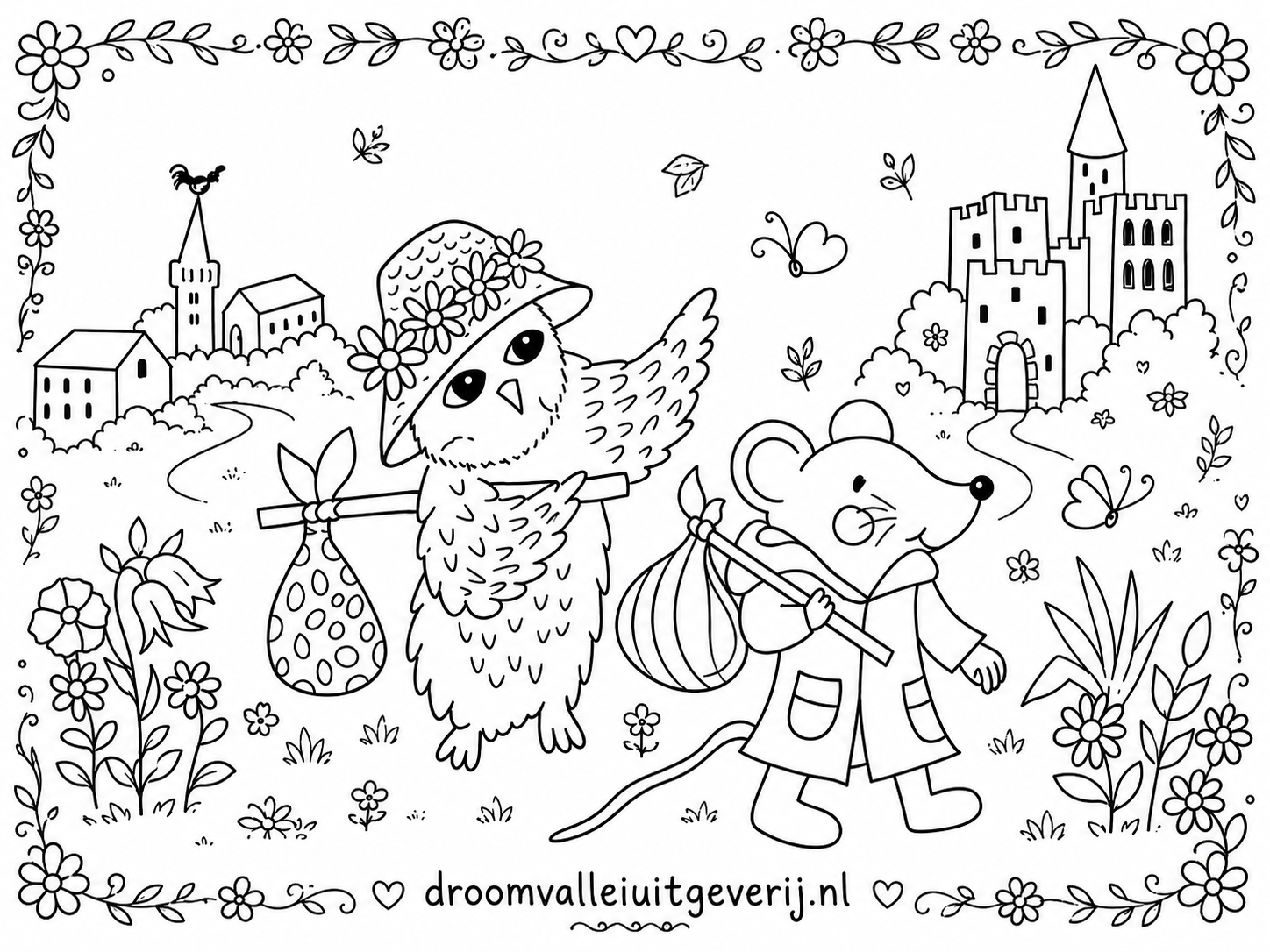 Kleurplaat Uil en Muis op reis met bloemen, vlinders, een dorpje en een kasteel