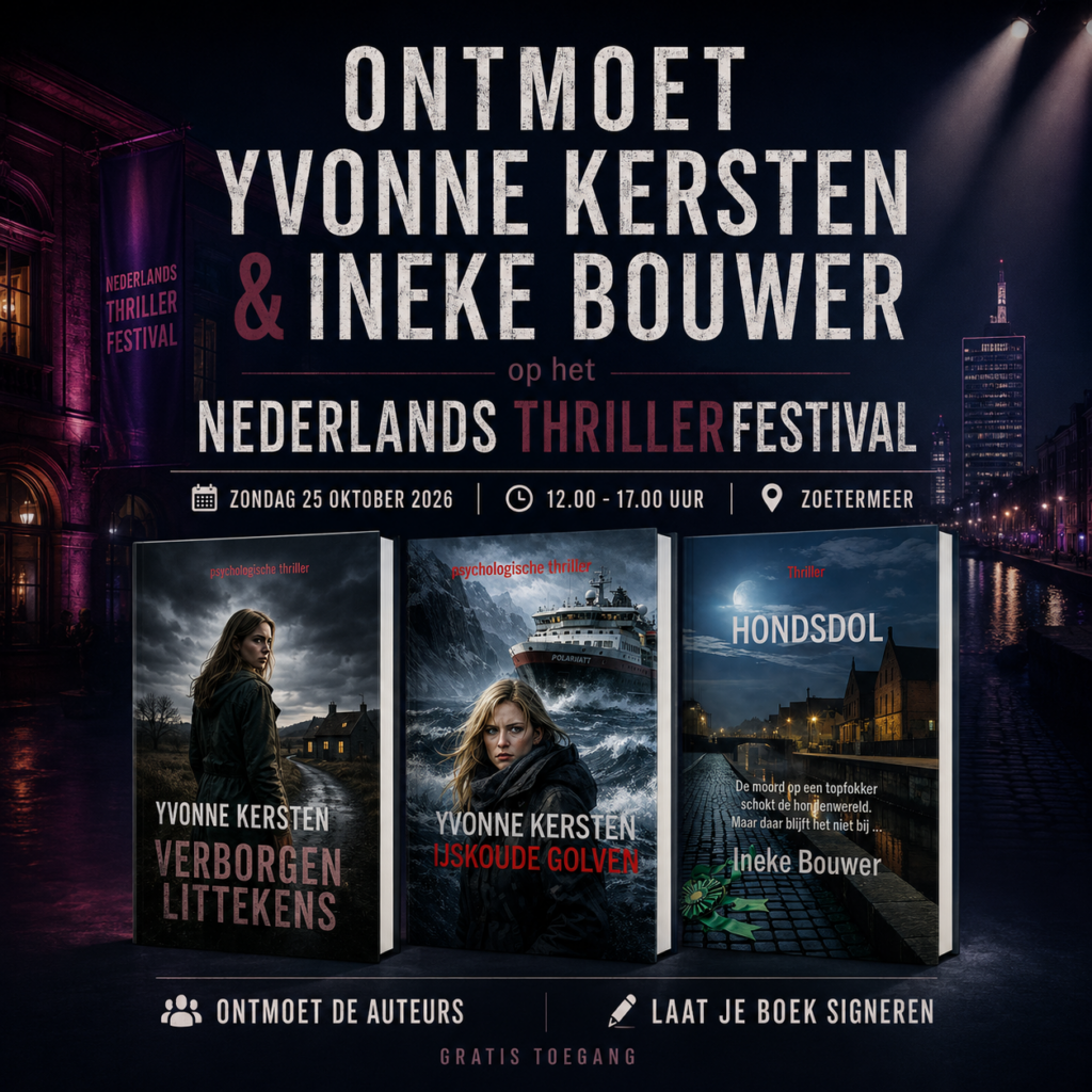 Droomvallei Uitgeverij op het nederlands thriller festival | Droomvallei Uitgeverij Festival poster advertising Nederlands Thriller Festival with authors Yvonne Kersten and Ineke Bouwer and three thriller book covers.