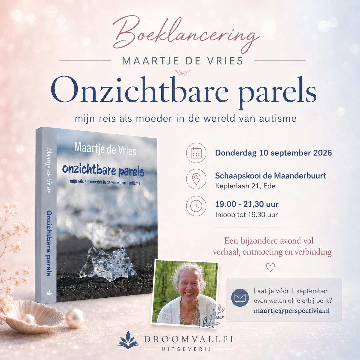 Uitnodiging voor de boeklancering van Onzichtbare parels van Maartje de Vries op 10 september 2026 in Ede